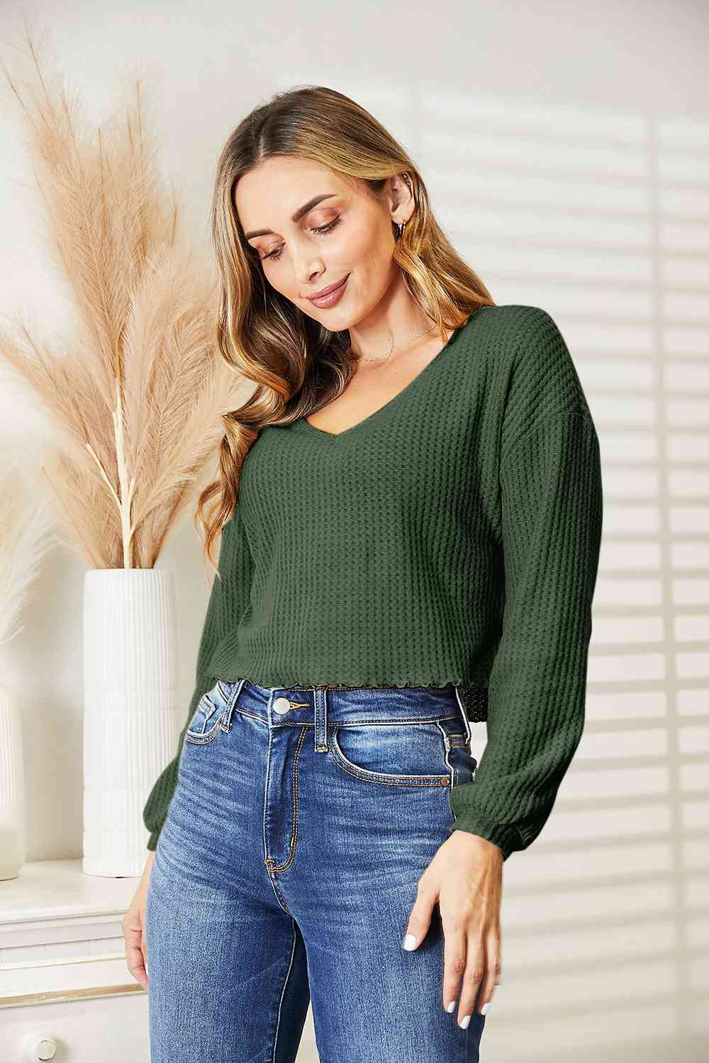 Waffle-Knit V-Neck Blouse