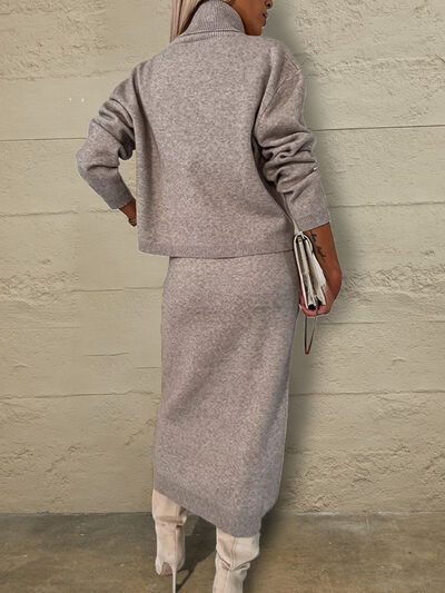 Turtleneck Dropped Shoulder Sweater and Midi Dress Sweater Set