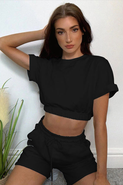 Short Sleeve Cropped Top and Drawstring Shorts Lounge Set Trendsi