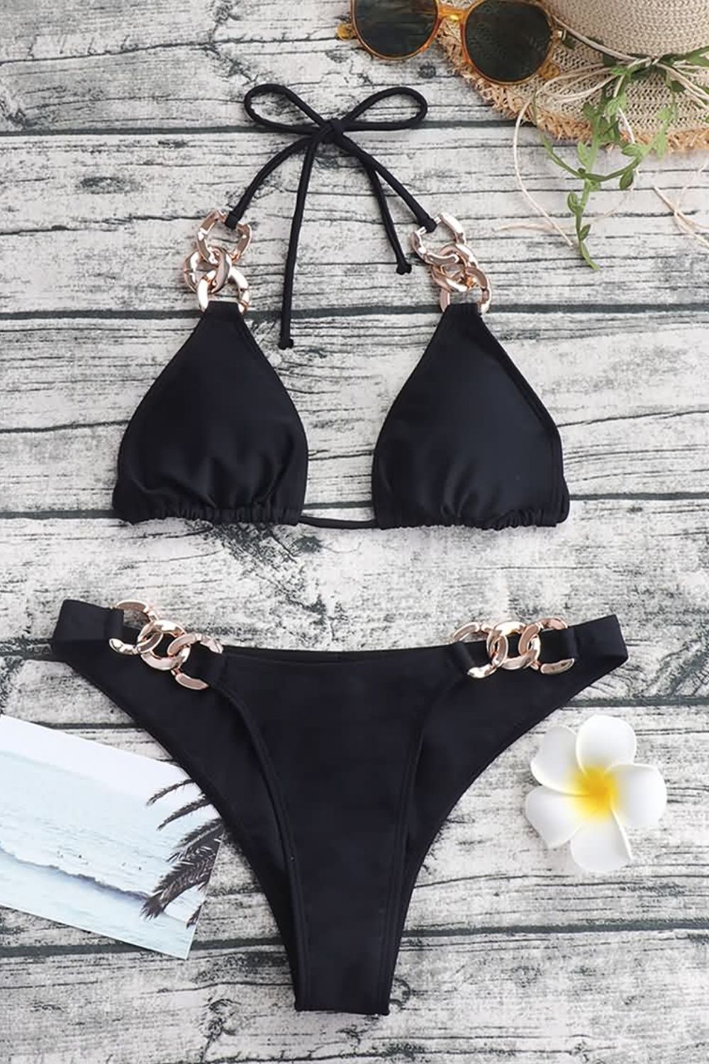 Chain Detail Tied Halter Neck Bikini Set Trendsi