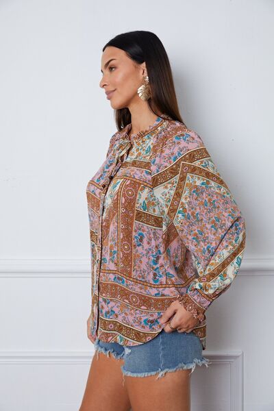 Printed Tie Neck Button Up Long Sleeve Blouse