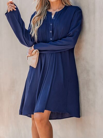 Plus+ Pleated Half Button Round Neck Dress