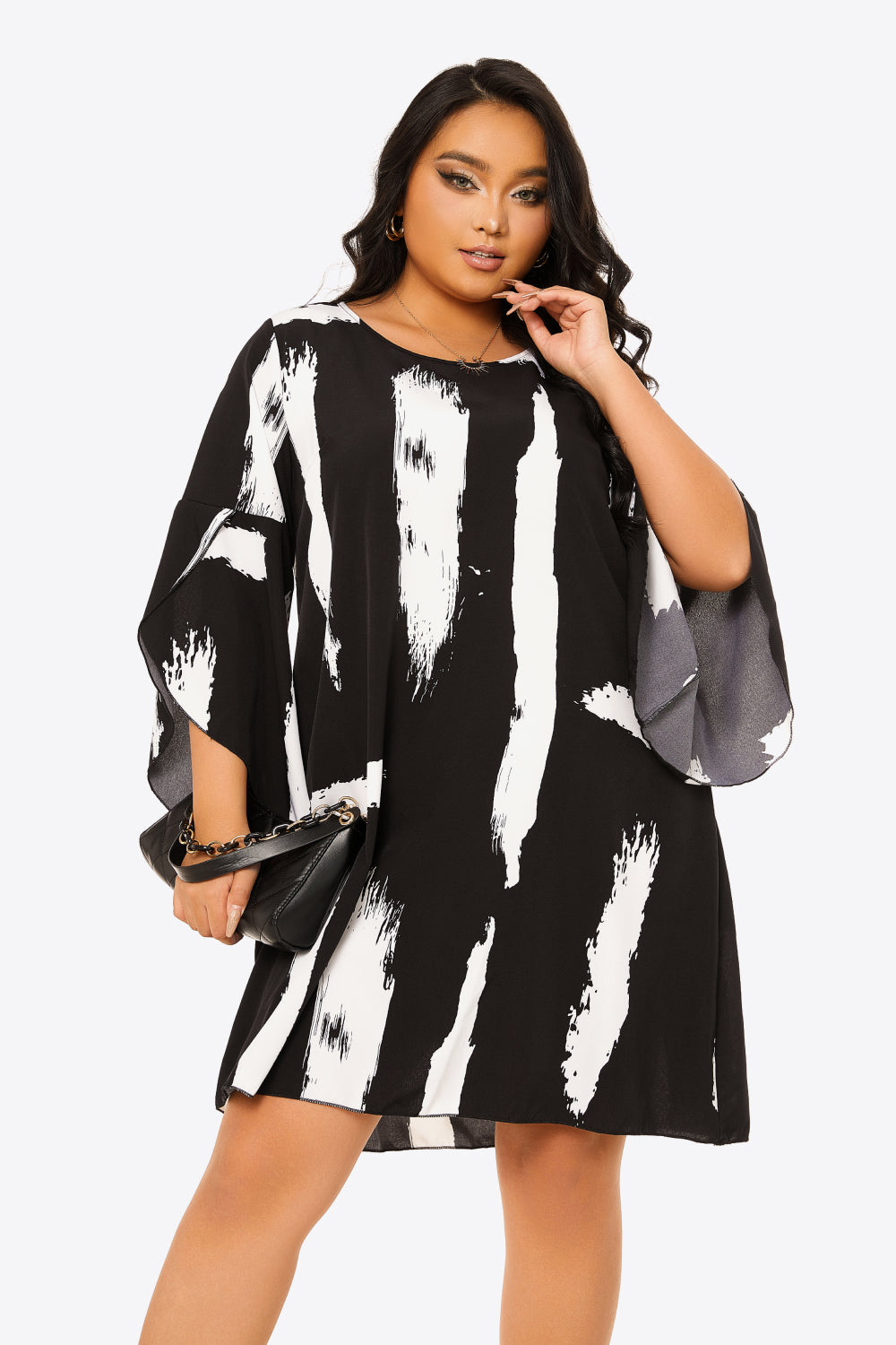 Gem Size Brush Stroke Flare Sleeve Shift Dress Trendsi