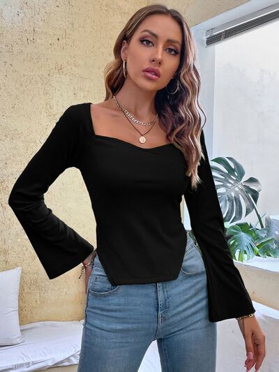 Slit Sweetheart Neck Flare Sleeve Shirt