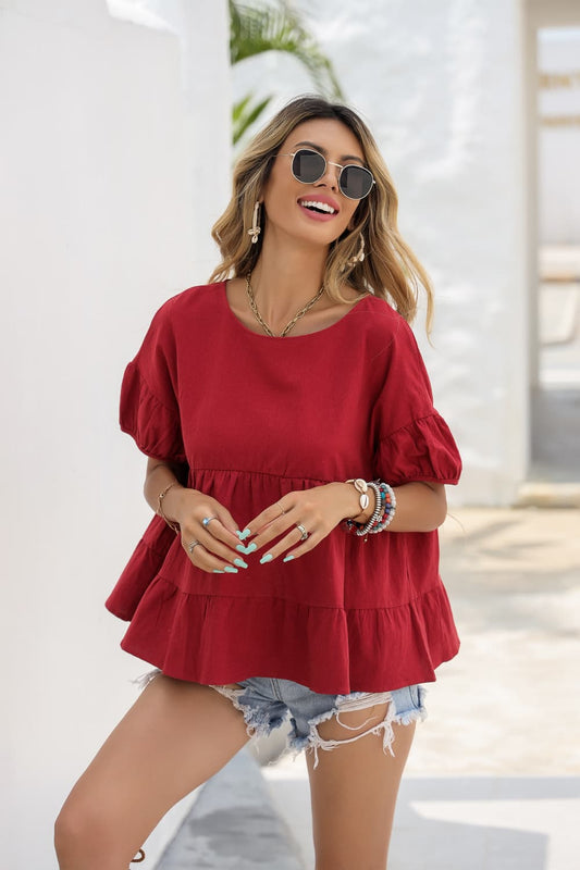 Round Neck Ruched Short Sleeve Blouse Trendsi