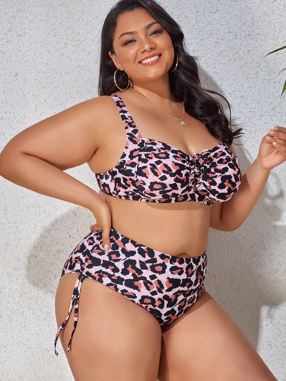 Gem Plus Printed Drawstring Detail Bikini Set Trendsi