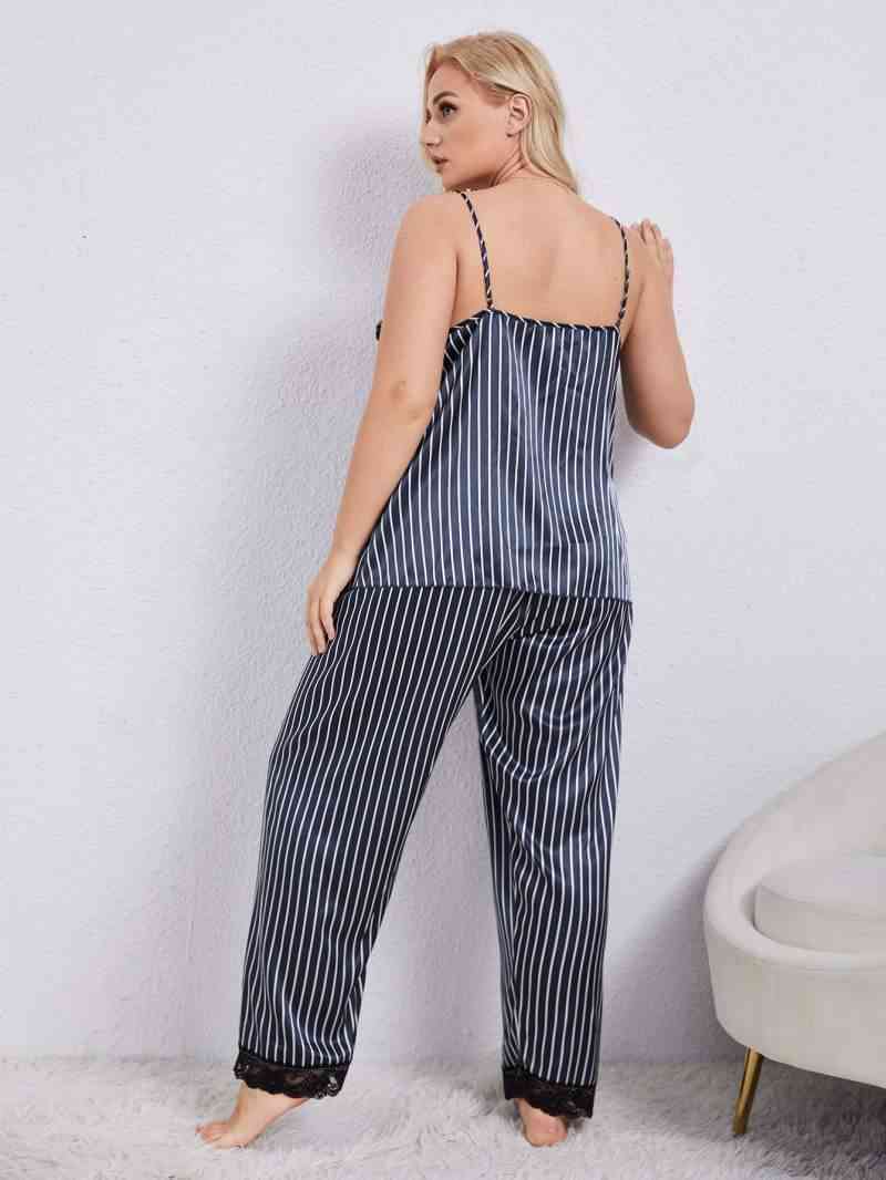 Plus+ Vertical Stripe Lace Trim Cami and Pants Pajama Set