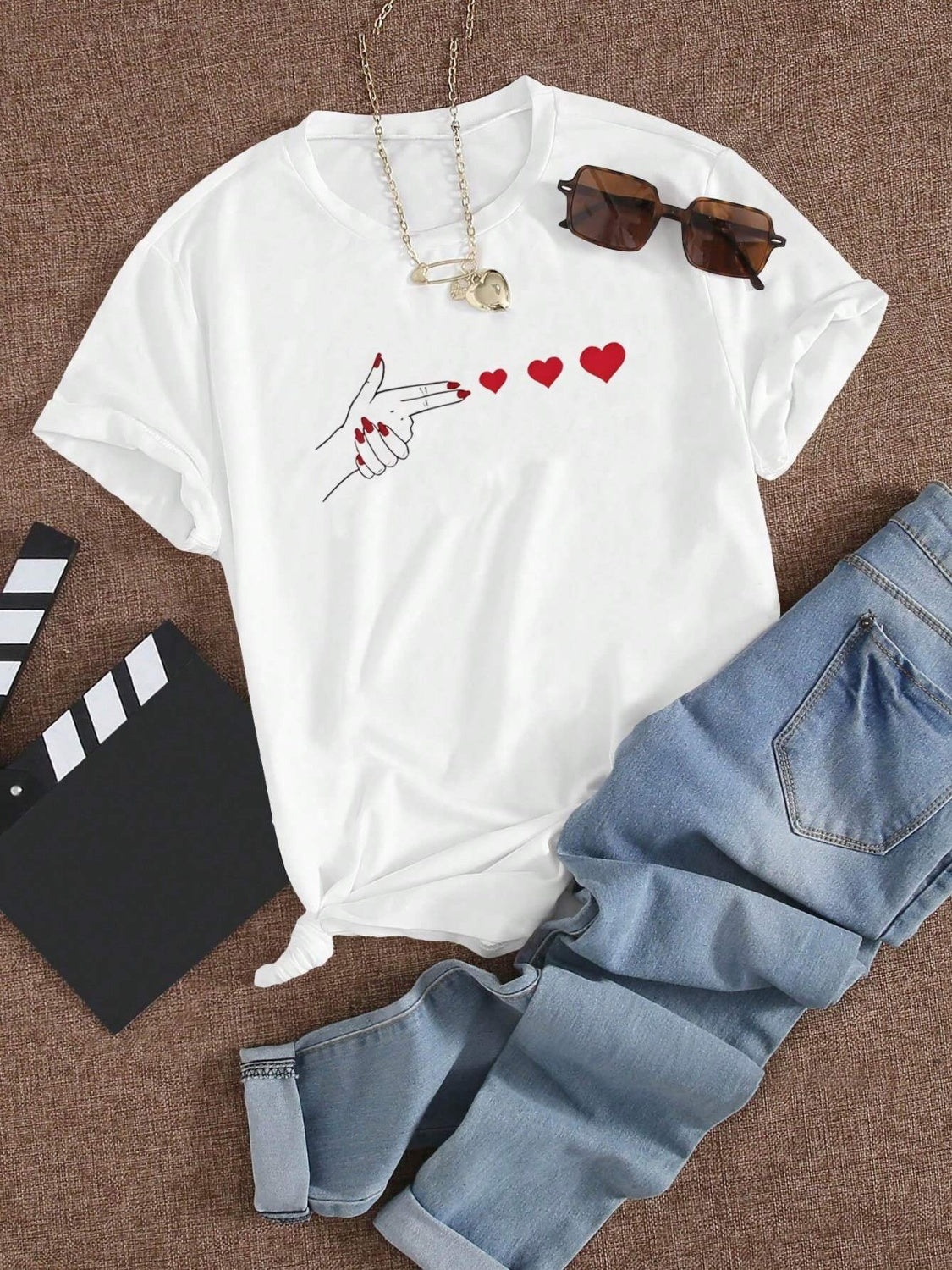 Heart Round Neck Short Sleeve T-Shirt