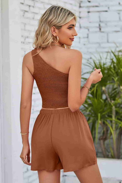 Smocked One-Shoulder Sleeveless Top and Shorts Set Trendsi