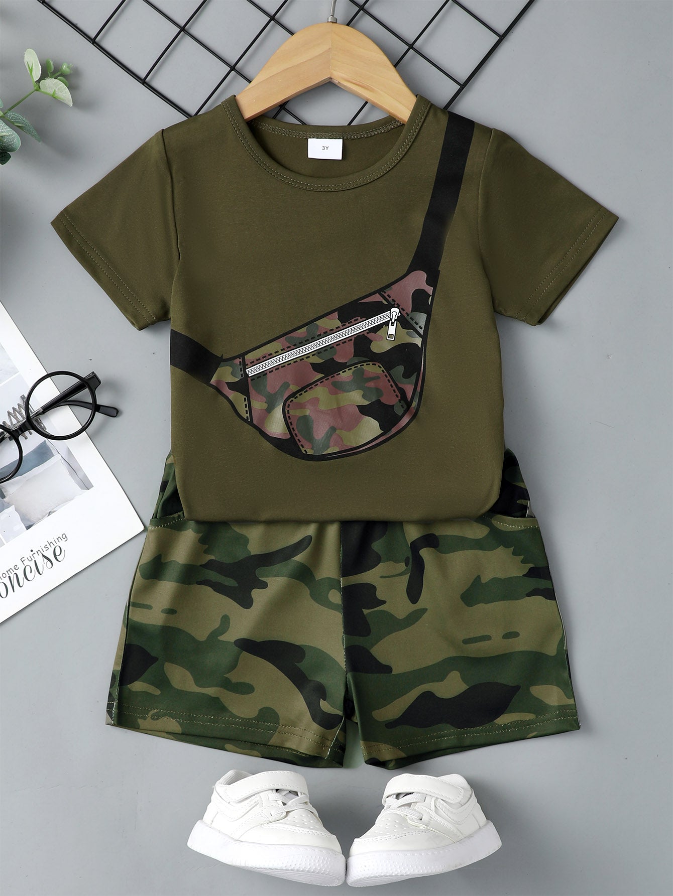 Boys Sling Bag Graphic and Camouflage Shorts Set Trendsi