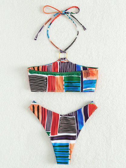 Multicolored Striped Halter Neck Bikini Set Trendsi