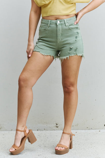 RISEN Katie  High Waisted Distressed Shorts in Gum Leaf