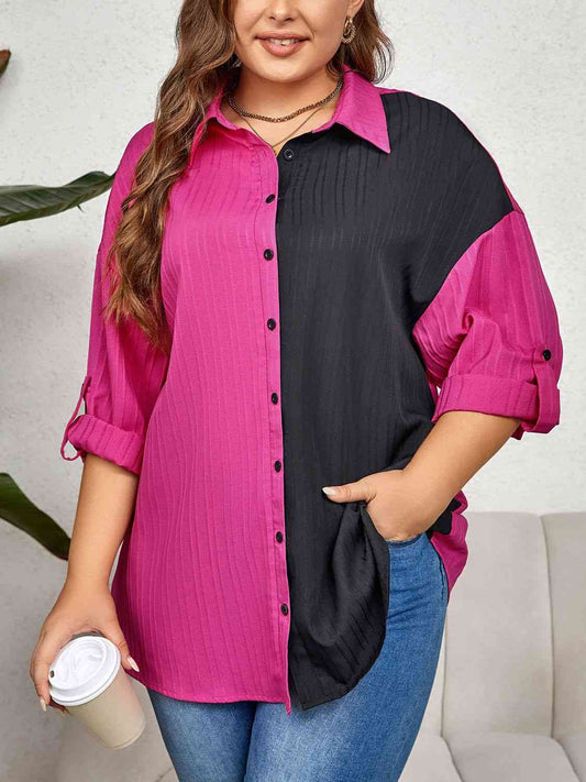 Contrast Color Roll-Tap Sleeve Shirt