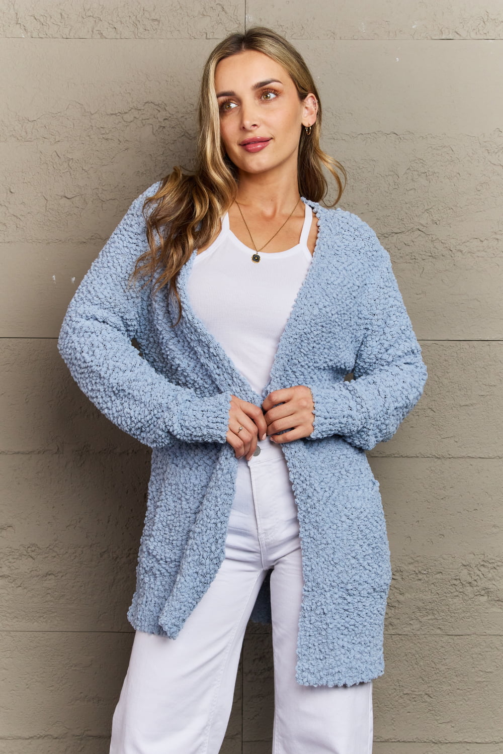 Zenana Falling For You Open Front Popcorn Cardigan