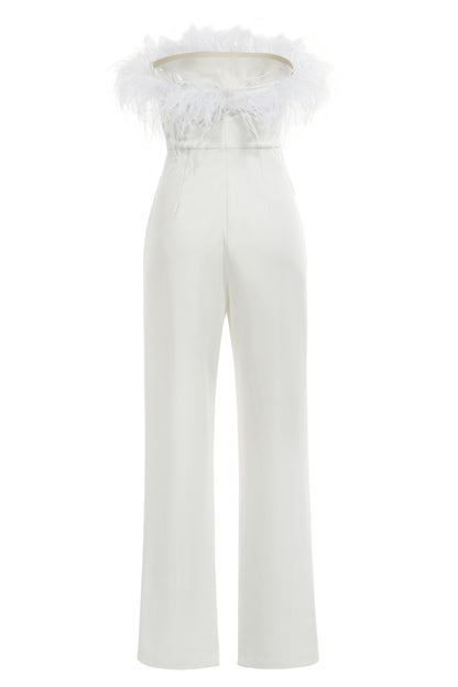 Feather Detail Strapless Jumpsuit Trendsi