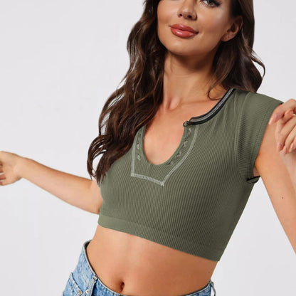 Notched Neck Cap Sleeve Cropped Tee Trendsi