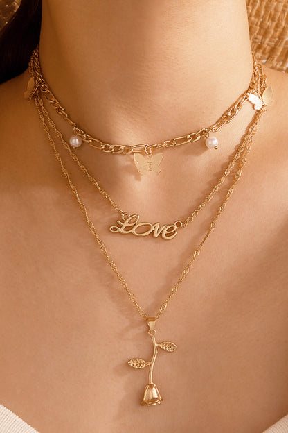 LOVE Rose Pendant Triple-Layered Necklace Trendsi