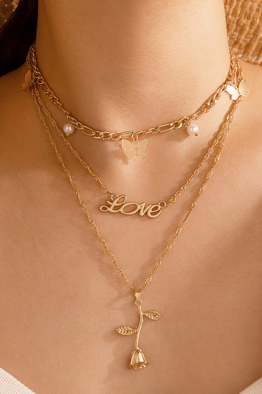 LOVE Rose Pendant Triple-Layered Necklace Trendsi