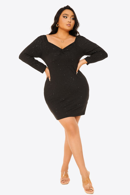 Gem Size Glitter Sweetheart Neck Long Sleeve Dress Trendsi