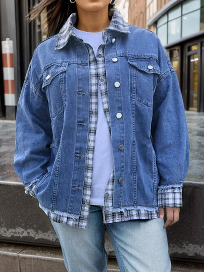 Plus+ Plaid Collared Neck Raw Hem Denim Jacket