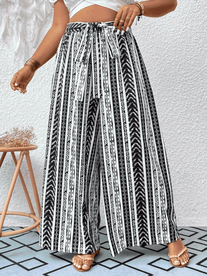 Plus+ Striped Tied Wide Leg Pants