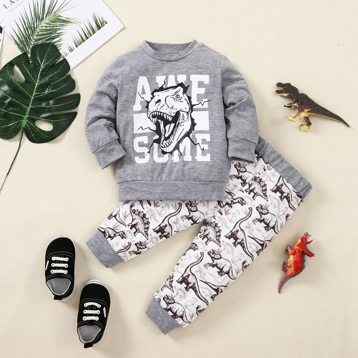 Kids Graphic Sweatshirt and Dinosaur Print Joggers Set Trendsi