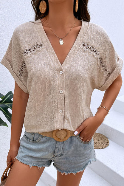 Textured Lace Trim Button Front Blouse Trendsi