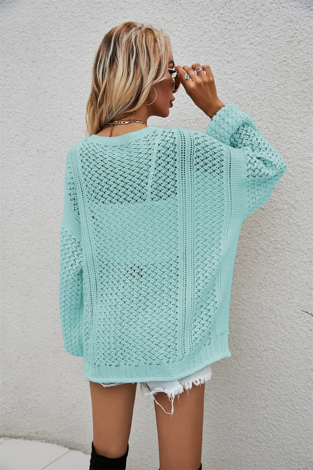 Openwork V-Neck Dropped Shoulder Cardigan