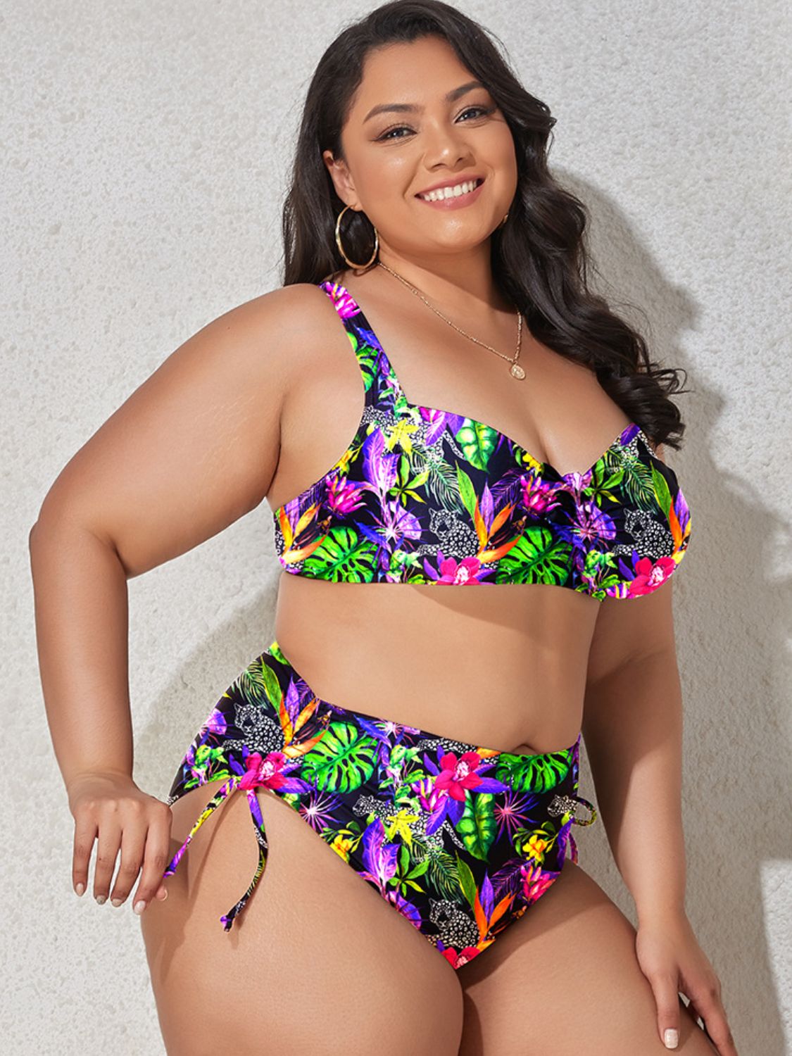 Gem Plus Printed Drawstring Detail Bikini Set Trendsi