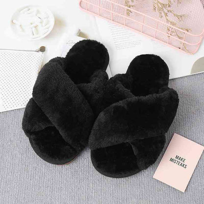 Faux Fur Crisscross Strap Slippers