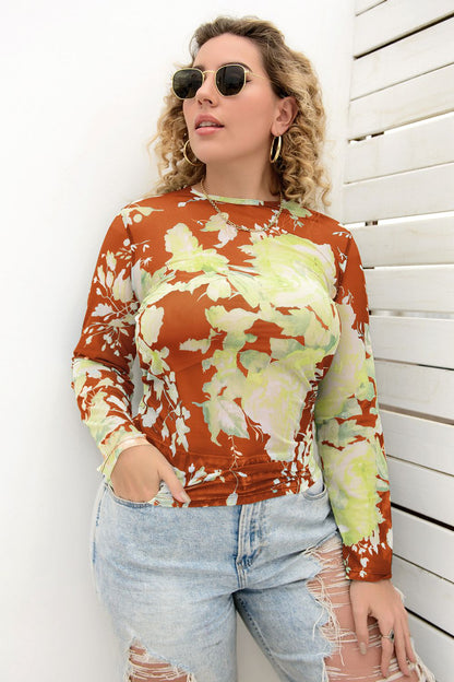 Gem Plus+ Printed Round Neck Long Sleeve Blouse