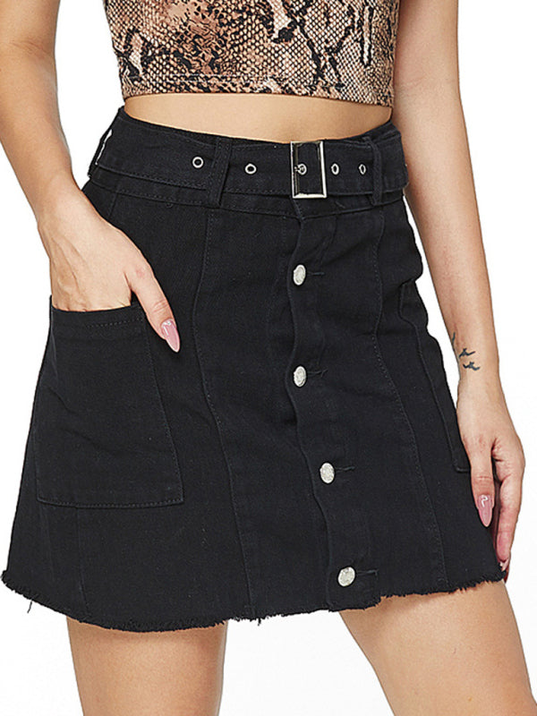 Black Half Body Gem Plus+ Buttoned Denim Short Skirt kakaclo