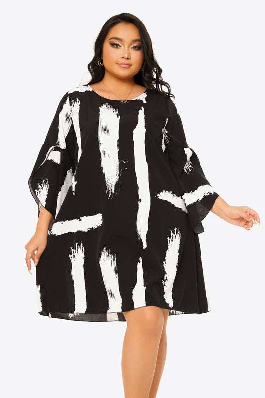 Gem Size Brush Stroke Flare Sleeve Shift Dress Trendsi