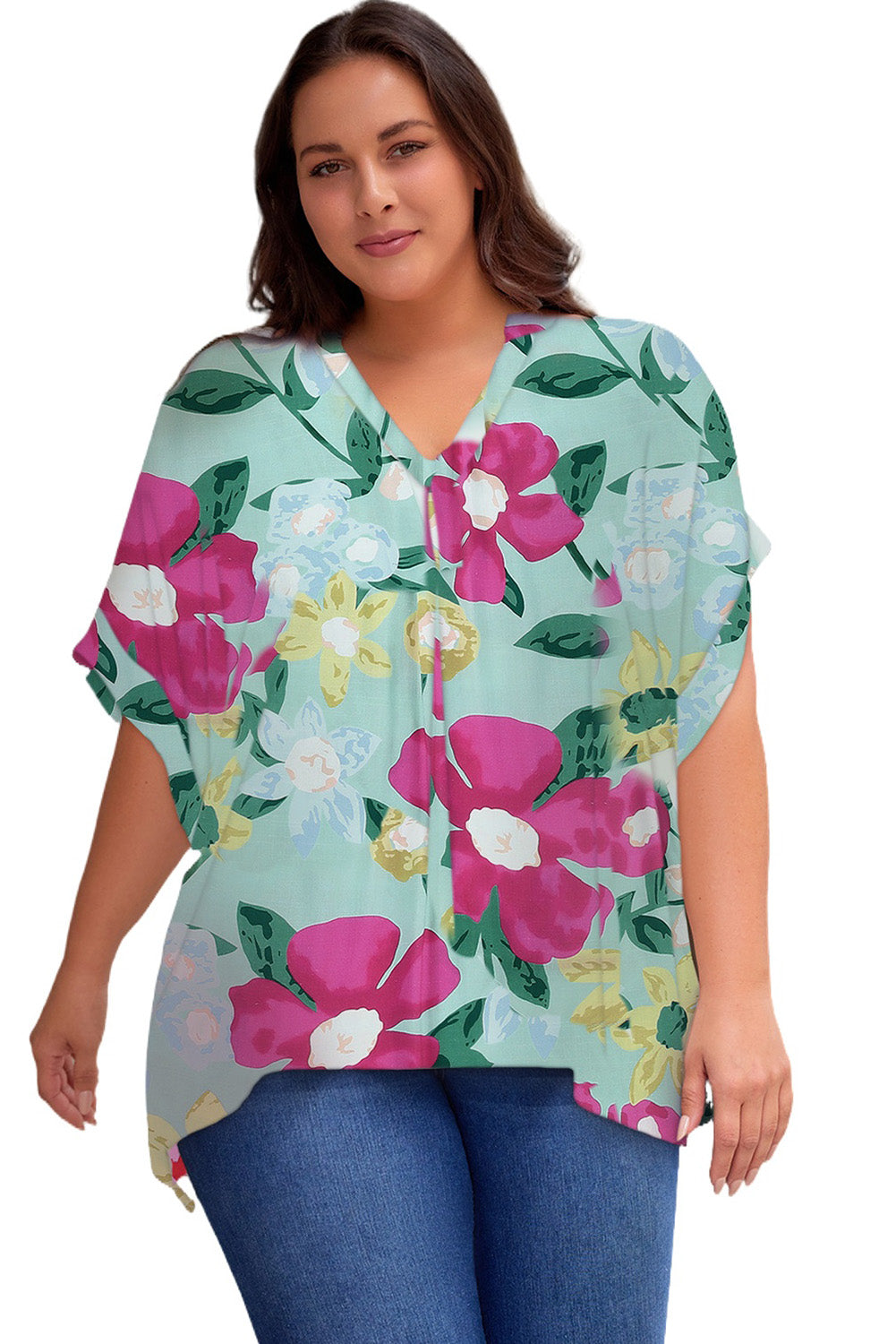 Gem Plus+ Printed Notched Neck Half Sleeve Top