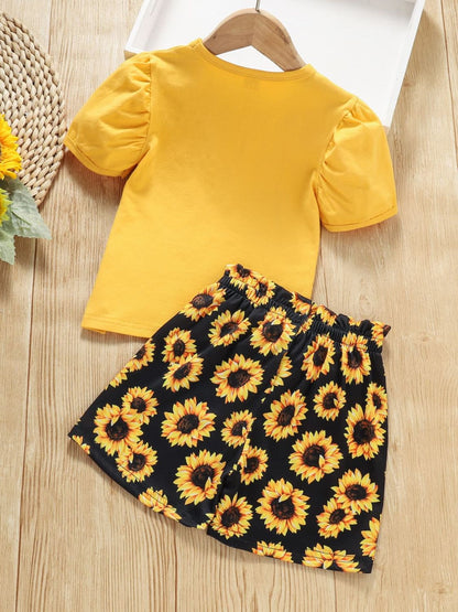 Girls Slogan Graphic Top and Sunflower Print Shorts Set Trendsi