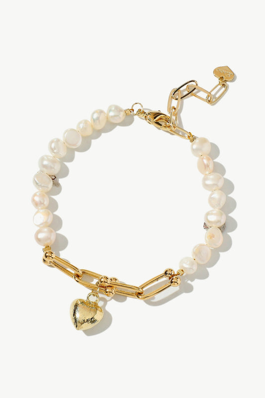 14K Gold Plated Heart Charm Pearl Bracelet Trendsi