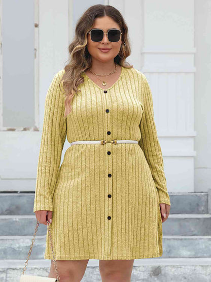 Plus+ Ribbed Buttoned V-Neck Long Sleeve Dress