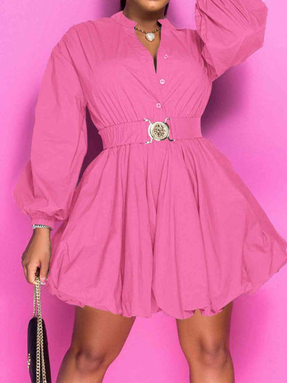 Notched Button Up Balloon Sleeve Dress