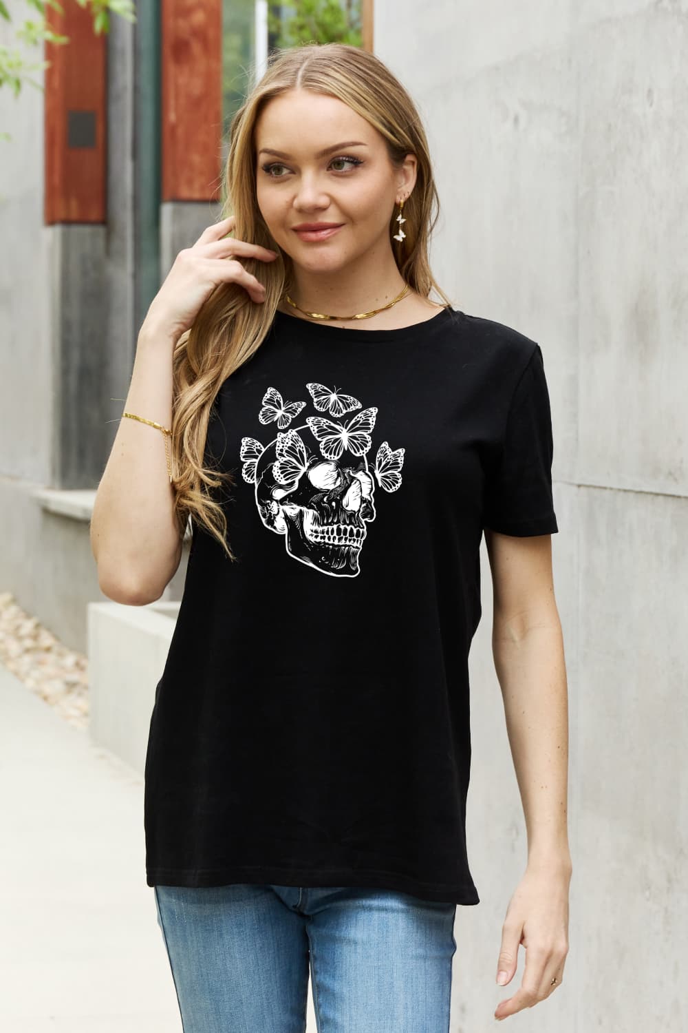 Simply Love Butterfly Skull Graphic Cotton Tee Trendsi