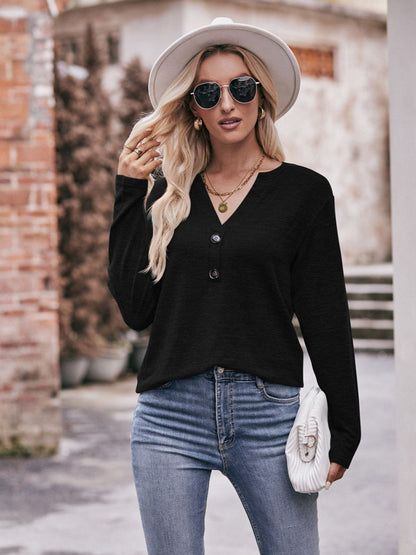 Double Take Buttoned Notched Neck Long Sleeve Top