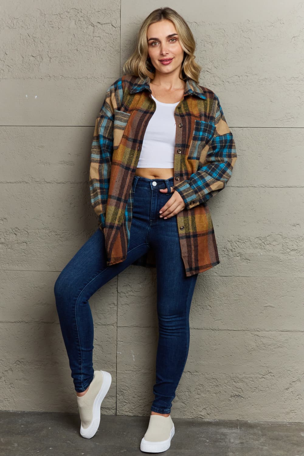 Double Take Plaid Curved Hem Shirt Jacket with Pockets