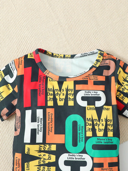 Boys Slogan Print Round Neck Top and Shorts Set