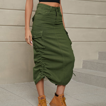 Drawstring Ruched Slit Denim Midi Skirt Trendsi