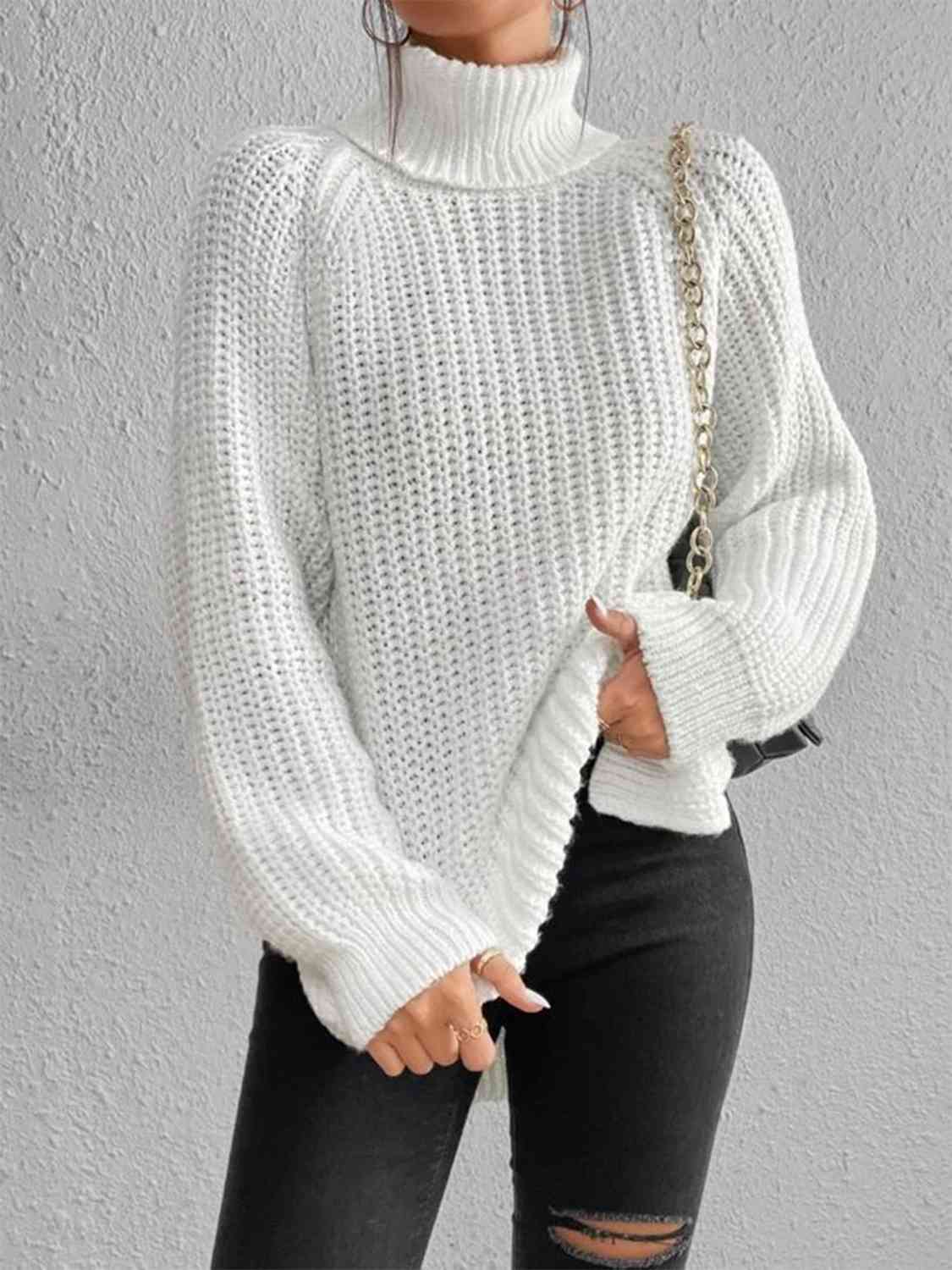 Turtleneck Rib-Knit Slit Sweater