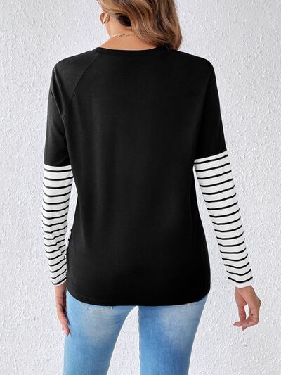 Heart Patch Striped Round Neck Long Sleeve T-Shirt