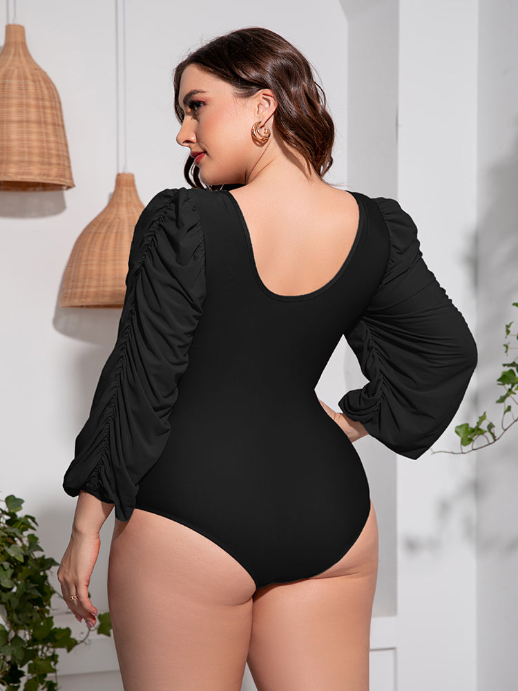 Gem Pus+ Tied Deep V Balloon Sleeve One-Piece Swimsuit Trendsi