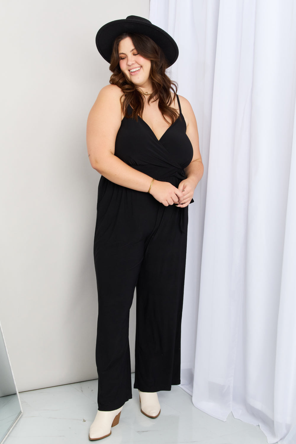 Tied Spaghetti Strap Surplice Jumpsuit in Black Trendsi