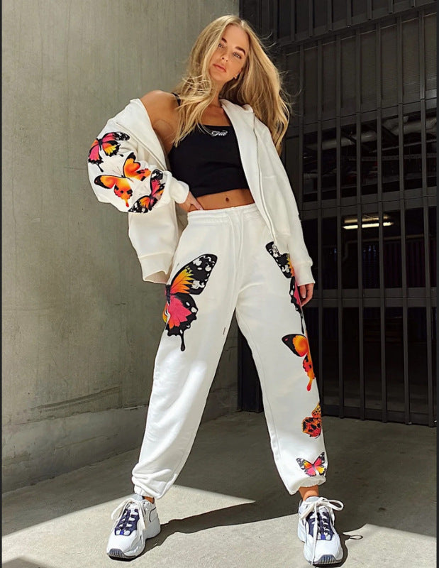 Colorful Butterfly Print Trousers Casual Hooded Sweatshirt Set