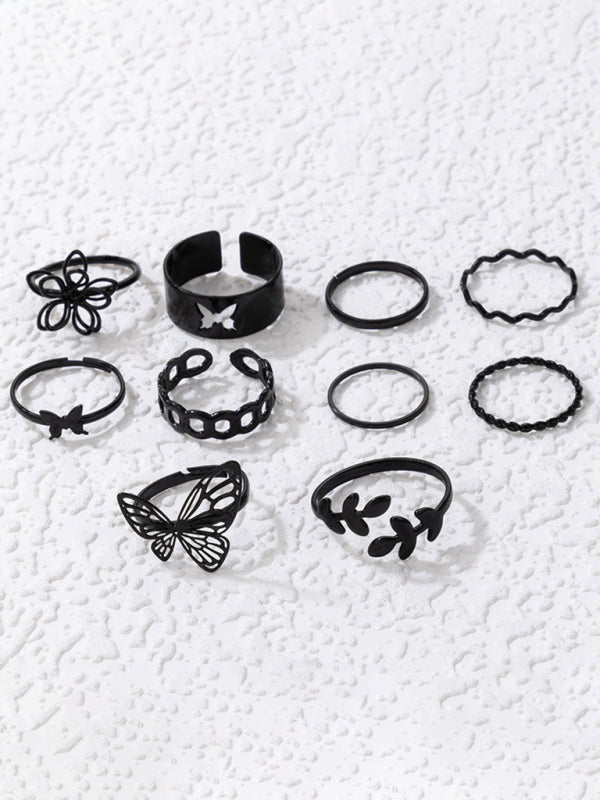 Simple Flower Butterfly Ring Set Geometric Twisted Leaves Hollow Ten-Piece Ring kakaclo