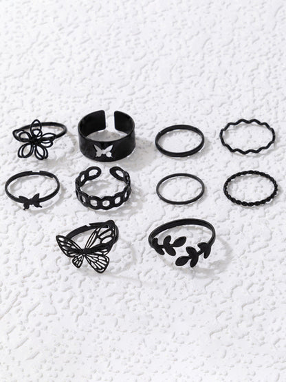 Simple Flower Butterfly Ring Set Geometric Twisted Leaves Hollow Ten-Piece Ring kakaclo